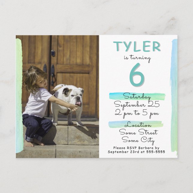 Modern Turquoise Watercolor Photo Birthday Party Invitation Postcard (Front)