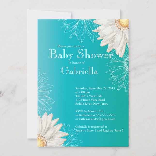 Modern Turquoise & White Gerbera Daisy Baby Shower Invitation (Front)