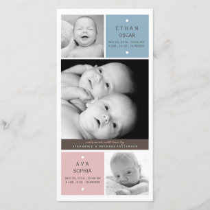 Modern Twin Babies Photo Birth Announcement