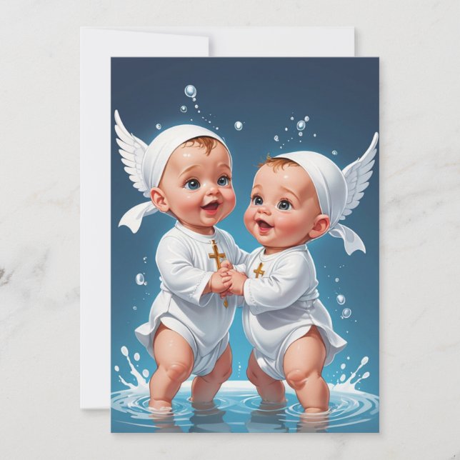 modern twin baptism invitations (Front)