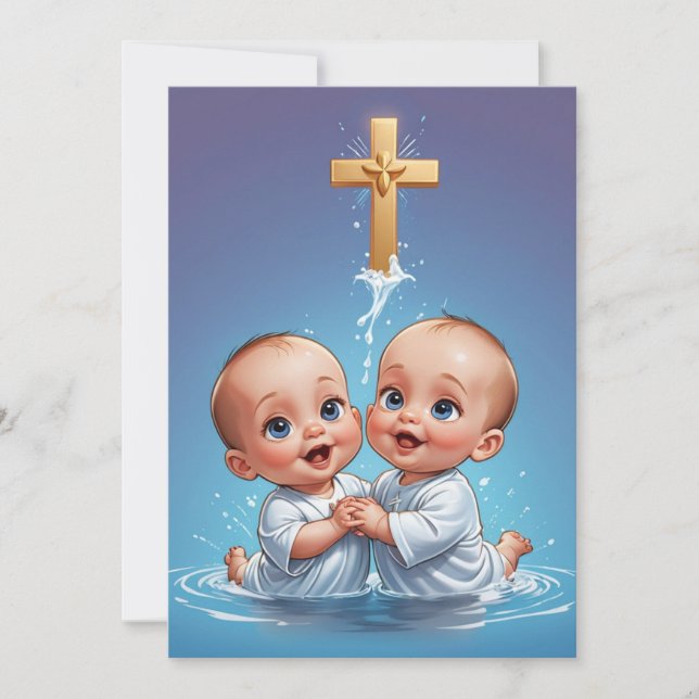modern twin baptism invitations (Front)