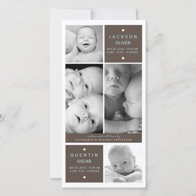 Modern Twin Boys Photo Baby Birth Announcement (Front)