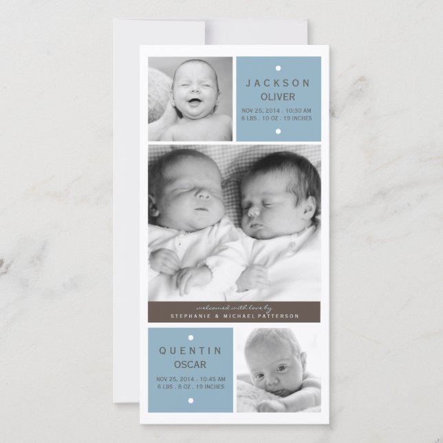 Modern Twin Boys Photo Baby Birth Announcement (Front)