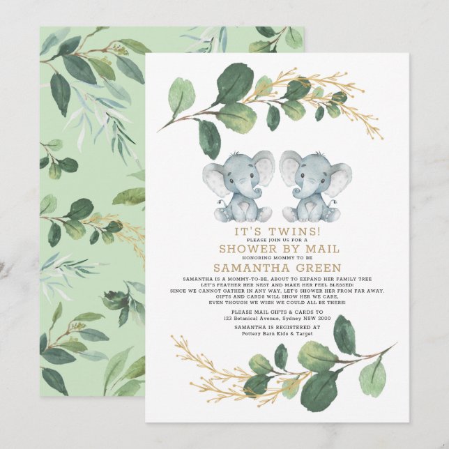Modern Twin Elephant Greenery Baby Shower By Mail Invitation (Front/Back)