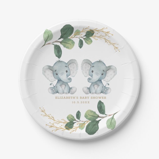 Modern Twin Elephant Greenery Gold Baby Shower Paper Plate (Front)