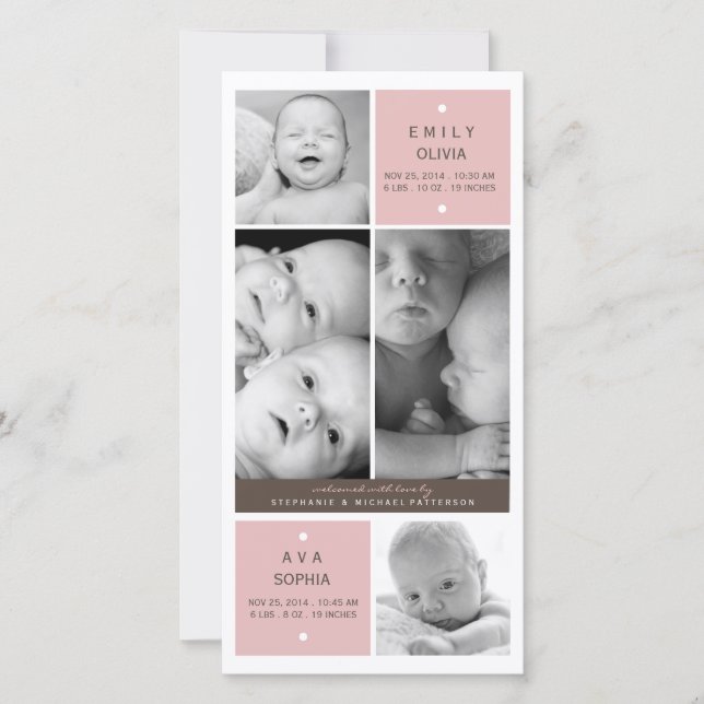 Modern Twin Girls Photo Baby Birth Announcement (Front)
