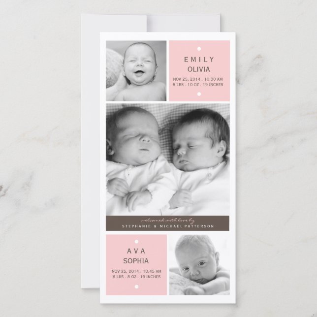 Modern Twin Girls Photo Baby Birth Announcement (Front)
