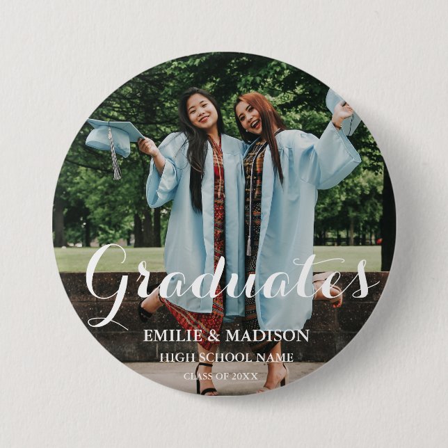 Modern Twin Graduate  Script Classic Photo Button (Front)