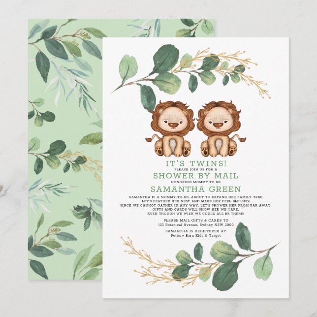 Modern Twin Lion Greenery Gold Baby Shower By Mail Invitation (Front/Back)
