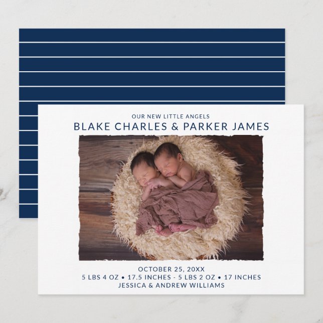 Modern Twin Photo Birth Announcement (Front/Back)