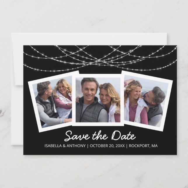 Modern Twinkle String Light Black 3-Photo Save The Date (Front)
