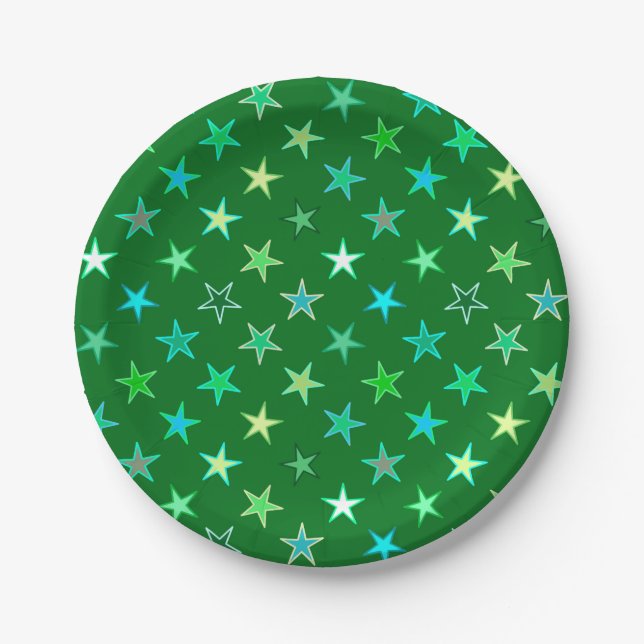 Modern Twinkling Stars, Emerald and Lime Green Paper Plate (Front)