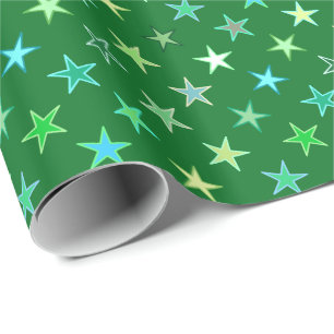 Modern Twinkling Stars, Emerald and Lime Green Wrapping Paper