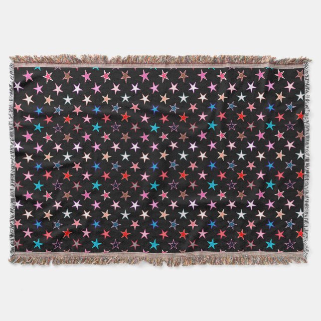 Modern Twinkling Stars, Jewel Colours on Black Throw Blanket (Front)