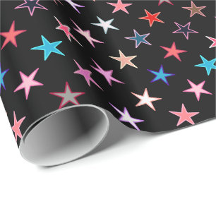 Modern Twinkling Stars, Jewel Colours on Black Wrapping Paper