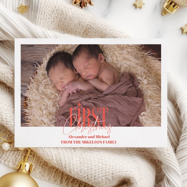 Modern Twins First Christmas Custom Photo Holiday Card (Creator Uploaded)