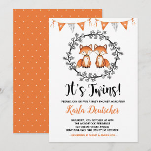 Modern Twins Fox Baby Shower Orange Black Party Invitation