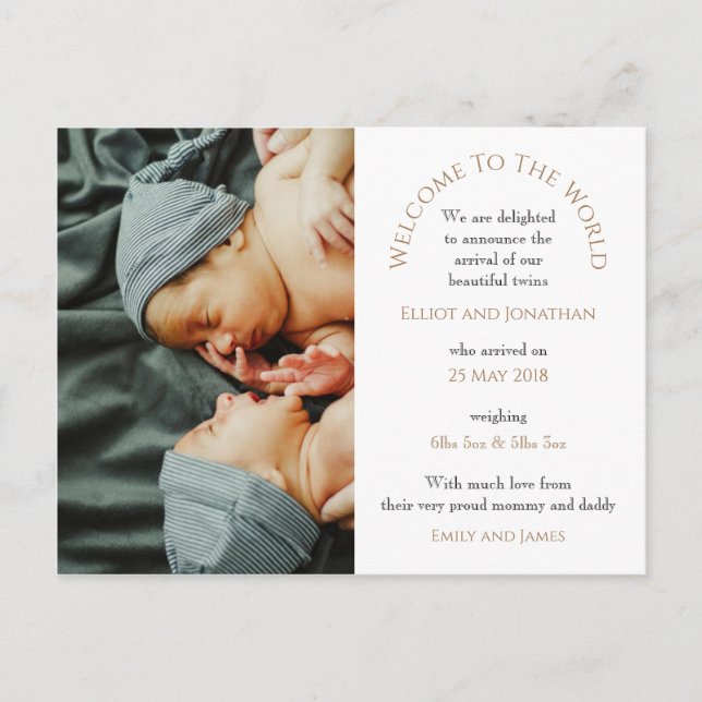 Modern Twins Welcome to the World Photo Typography Postcard (Front)