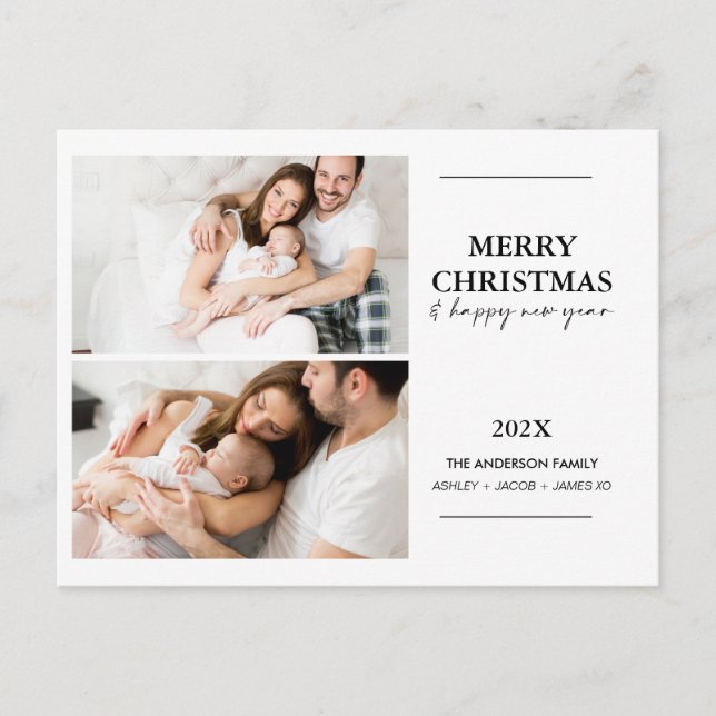 Modern Two Family Photo Christmas Postcard (Front)