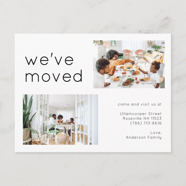 Modern Two Family Photo Minimalist Moving Announcement Postcard (Front)