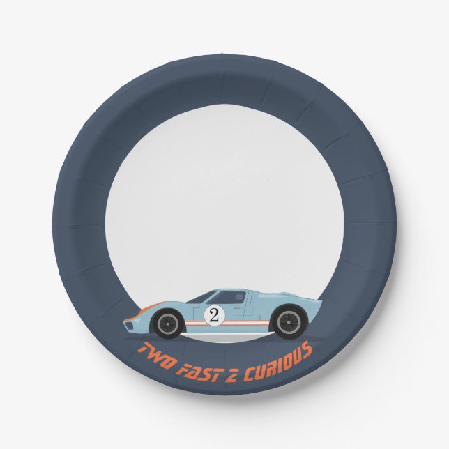 Modern Two Fast Race Car Boy 2nd Birthday Paper Plate (Front)