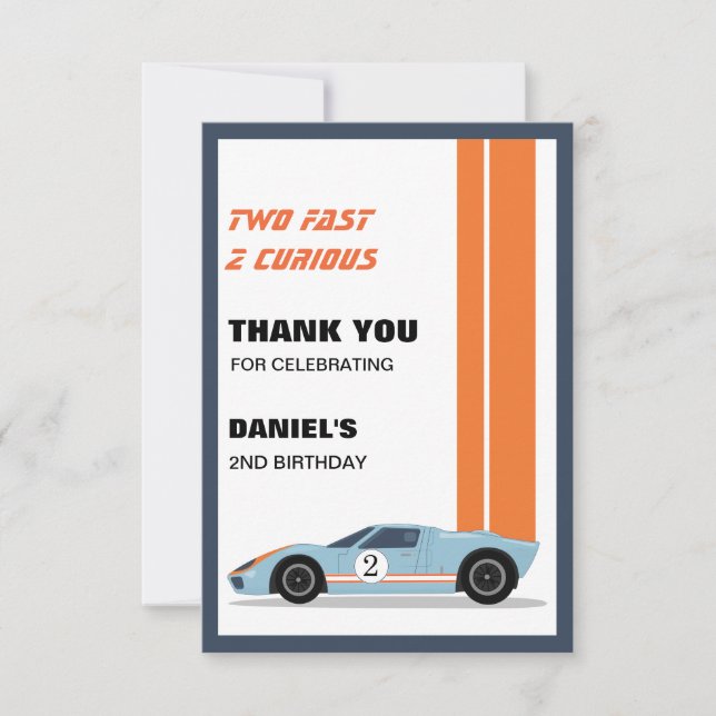Modern Two Fast Race Car Boy 2nd Birthday Thank You Card (Front)