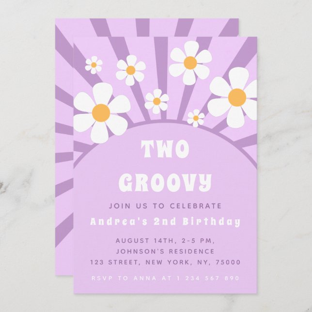 Modern Two Groovy Retro Sunshine First Birthday In Invitation (Front/Back)