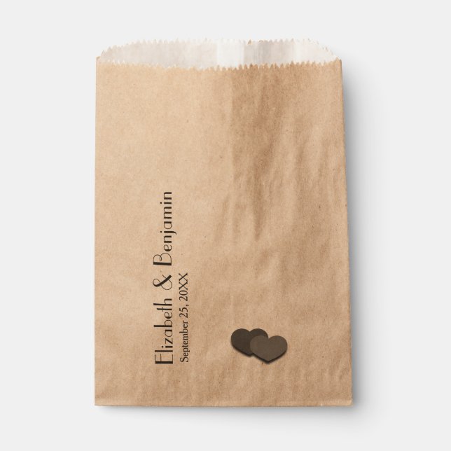 Modern Two Hearts Personalised Names Date Wedding Favour Bags (Front)