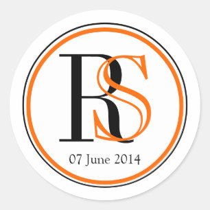 Modern Two Initials Orange Black Wedding Classic Round Sticker