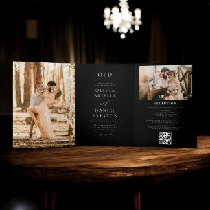Modern Two Photo Black Wedding Tri-Fold Invitation