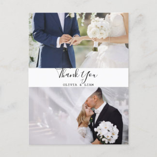 Modern Two Photo Black & White Wedding Thankyou Postcard