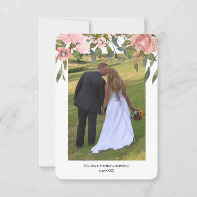 Modern Two Photo Blush Rose Floral Wedding Thank You Card (Front)