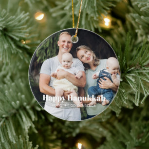 Modern two photo double sided custom text Hanukkah Ceramic Tree Decoration