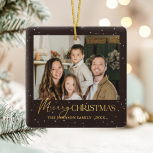 Modern Two Photo Family Merry Christmas Ceramic Ornament