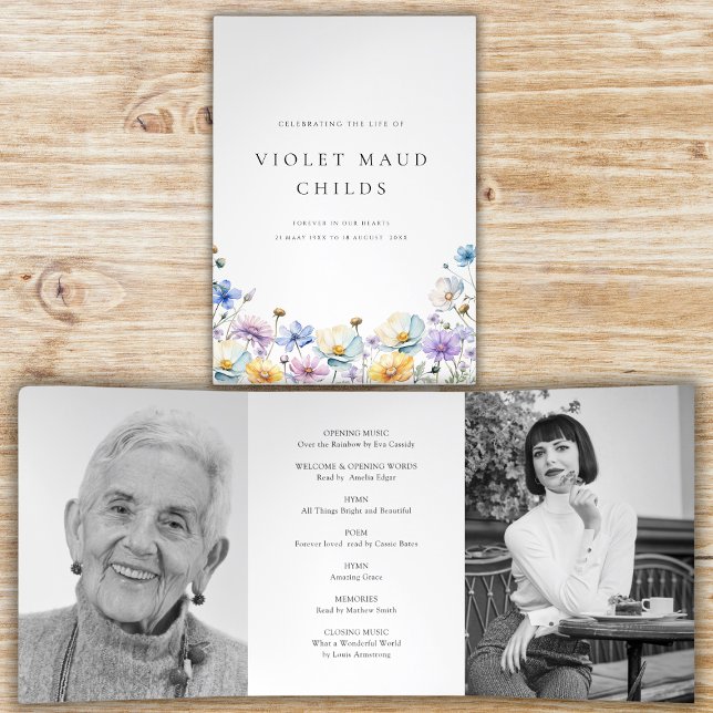 Modern two photo funeral order of service  Tri-Fold invitation (modern tri fold celebration of live order of service , with two photo and beautiful wildflowers)