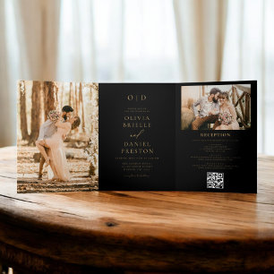 Modern Two Photo Gold Black Wedding Tri-Fold Invitation