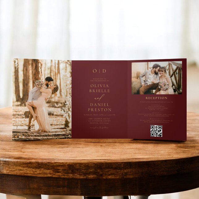 Modern Two Photo Gold Burgundy Wedding Tri-Fold Invitation (Creator Uploaded)