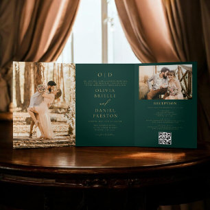 Modern Two Photo Gold Emerald Green Wedding Tri-Fold Invitation