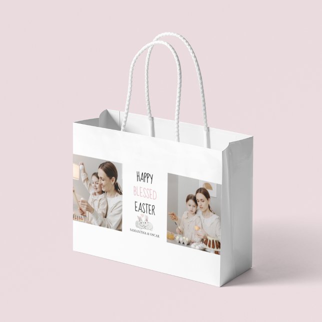 Modern Two Photo | Happy Blessed Easter | Bunny Large Gift Bag (Creator Uploaded)