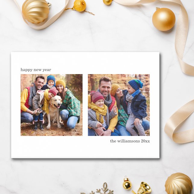 Modern Two-Photo Happy New Year Family Minimalist Holiday Card (Creator Uploaded)