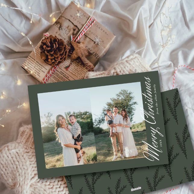 Modern Two Photo Merry Christmas Side Script Holiday Card (Creator Uploaded)