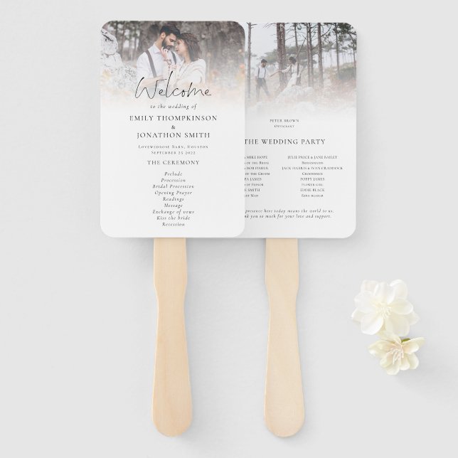 Modern Two Photos Overlay Wedding Program  Hand Fan (Front and Back)