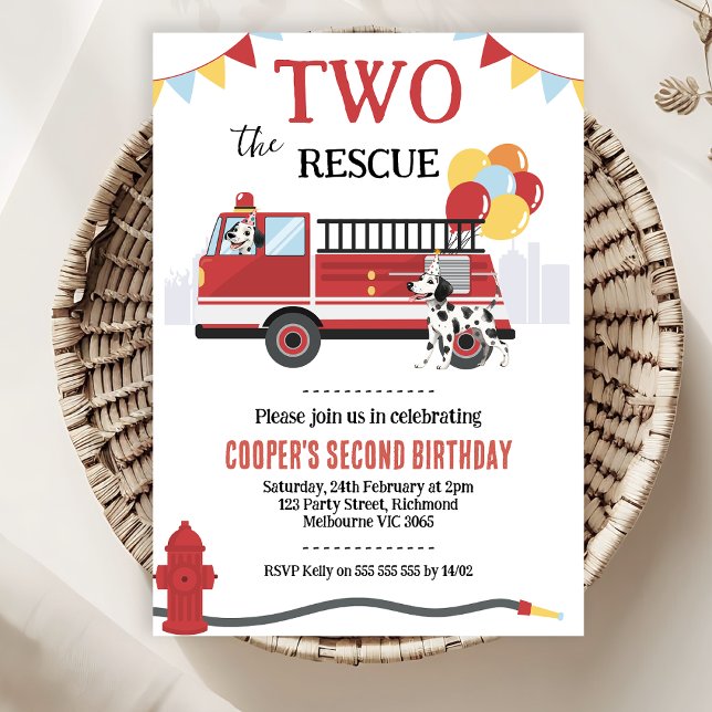Modern Two The Rescue Fire Engine 2nd Birthday Invitation (Two The Rescue 2nd Birthday Invitation Template Boy, Fire Engine 2nd Birthday Invitation, Dalmatians)