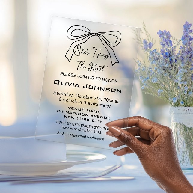 Modern Tying the Knot Black Bow Bridal Shower Acrylic Invitations (Modern Tying the Knot Black Bow Bridal Shower Acrylic Invitations)