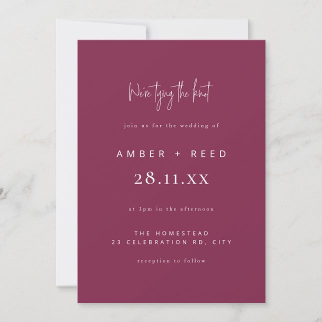 Modern Tying the Knot Wedding Burgundy Script Invitation (Front)