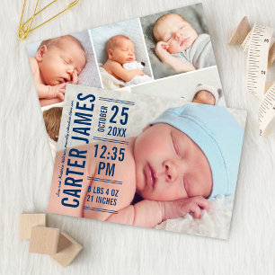 Modern Type Baby Boy Photo Navy Text Birth Announcement