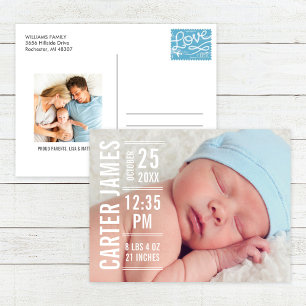 Modern Type Baby Boy Photo White Text Birth Announcement Postcard