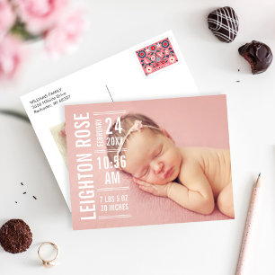 Modern Type Baby Girl Photo White Text Birth Announcement Postcard