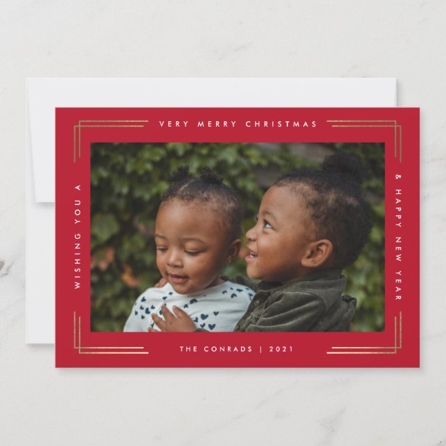 Modern Type Gold Frame Photo Christmas Holiday Card (Front)