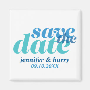 Modern type wedding save the date true blue white magnet